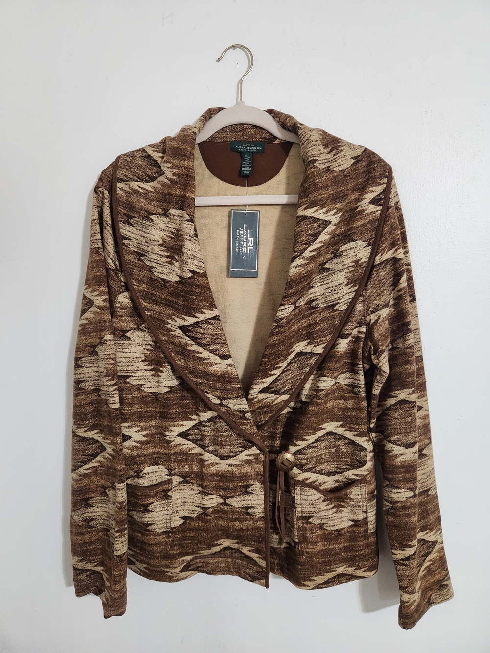 Vintage Lauren Ralph Lauren Brown Patterned Shawl Collar Cardigan Jacket